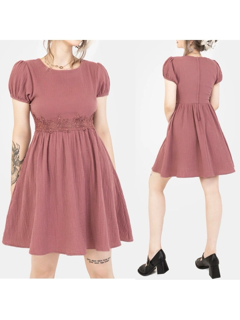 Disturbia Rosamoth Applique Trim Cotton
Mini Smock Dress Mauve Pink